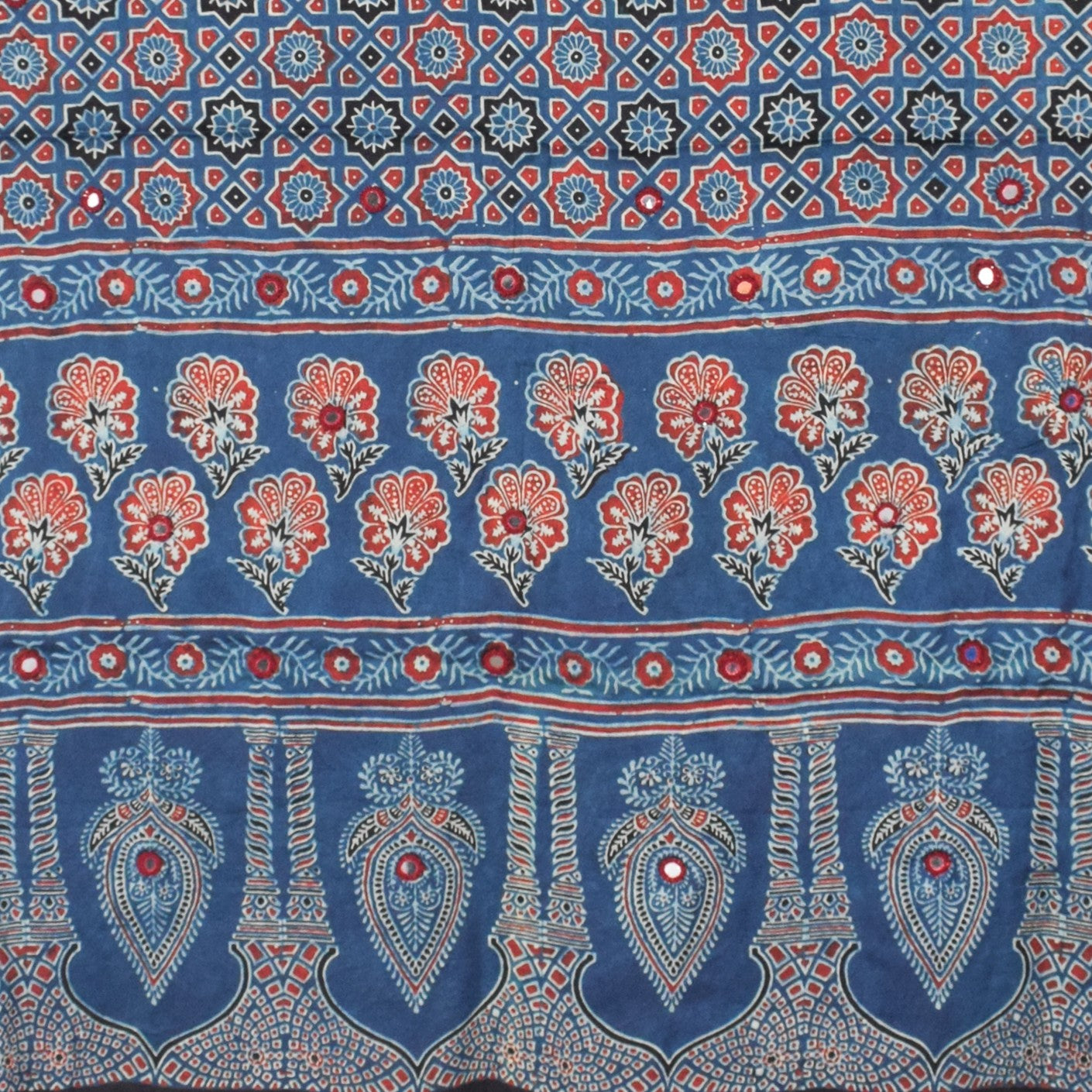 Ajrakh Modal Silk Natural Dye Mirrorwork Hand Block Print Dupatta with Tassels - 2.5 Mtr Length   -  SKU : ID17601E