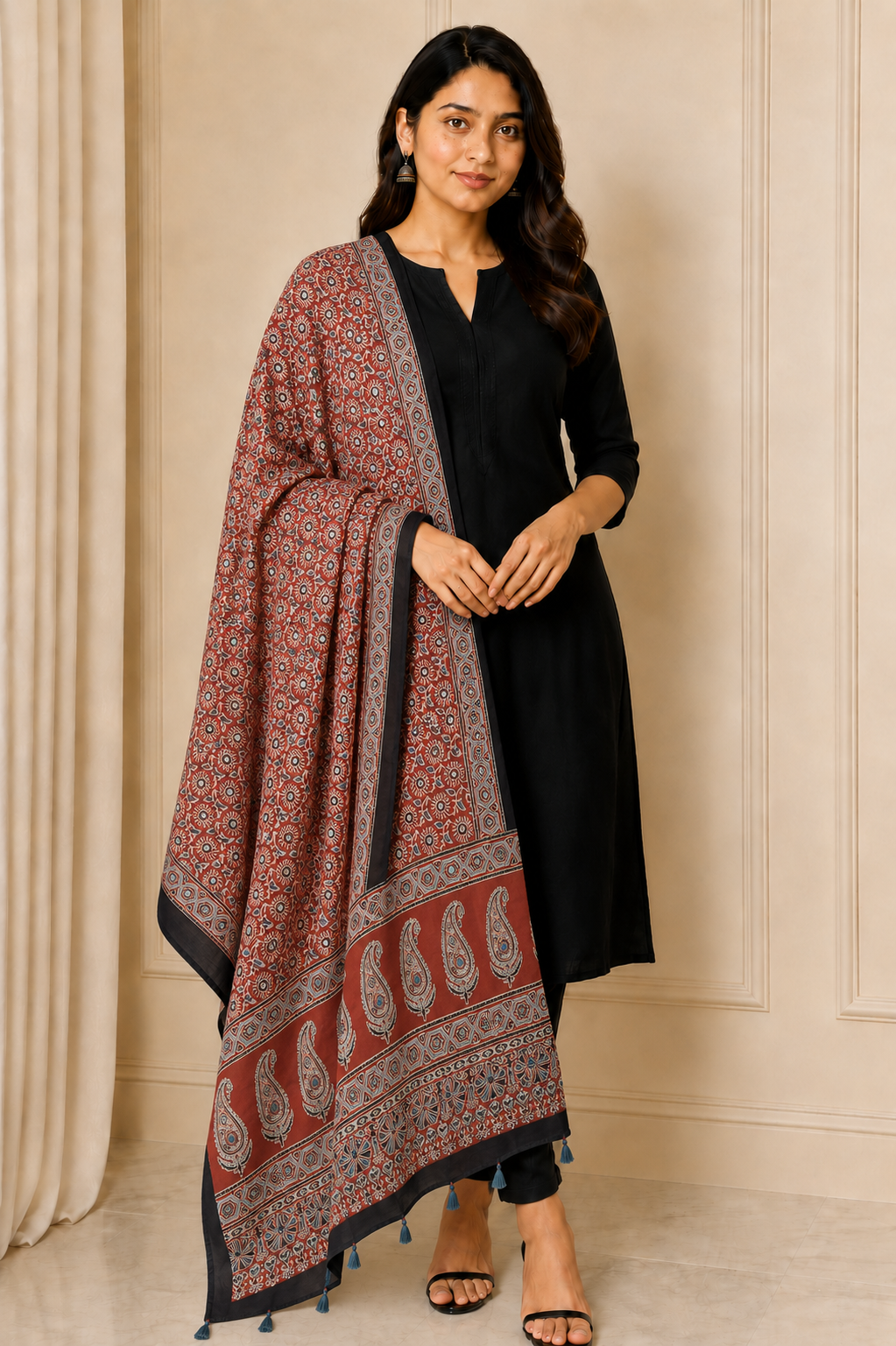 Ajrakh Modal Silk Natural Dye Mirrorwork Hand Block Print Dupatta with Tassels - 2.5 Mtr Length   -  SKU : ID17601C