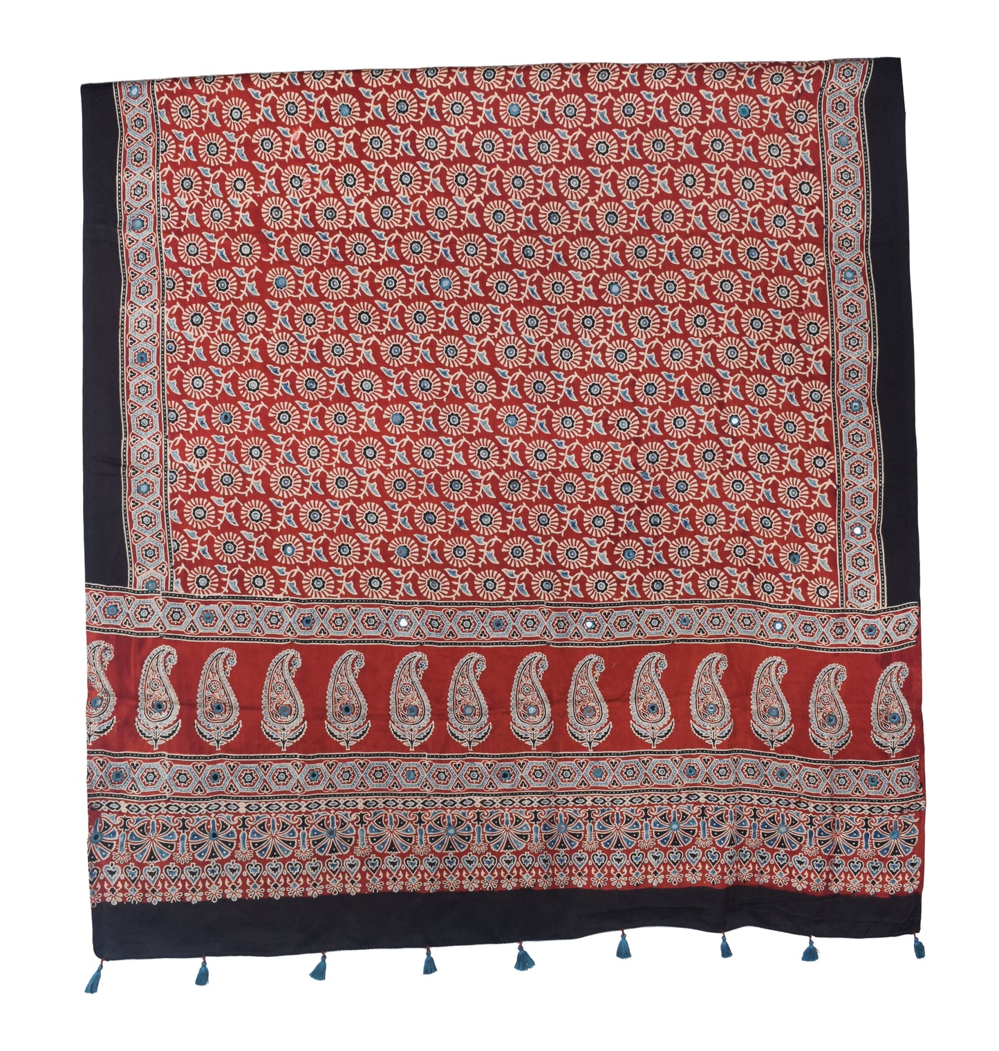 Ajrakh Modal Silk Natural Dye Mirrorwork Hand Block Print Dupatta with Tassels - 2.5 Mtr Length   -  SKU : ID17601C