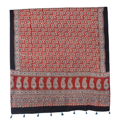 Ajrakh Modal Silk Natural Dye Mirrorwork Hand Block Print Dupatta with Tassels - 2.5 Mtr Length   -  SKU : ID17601C