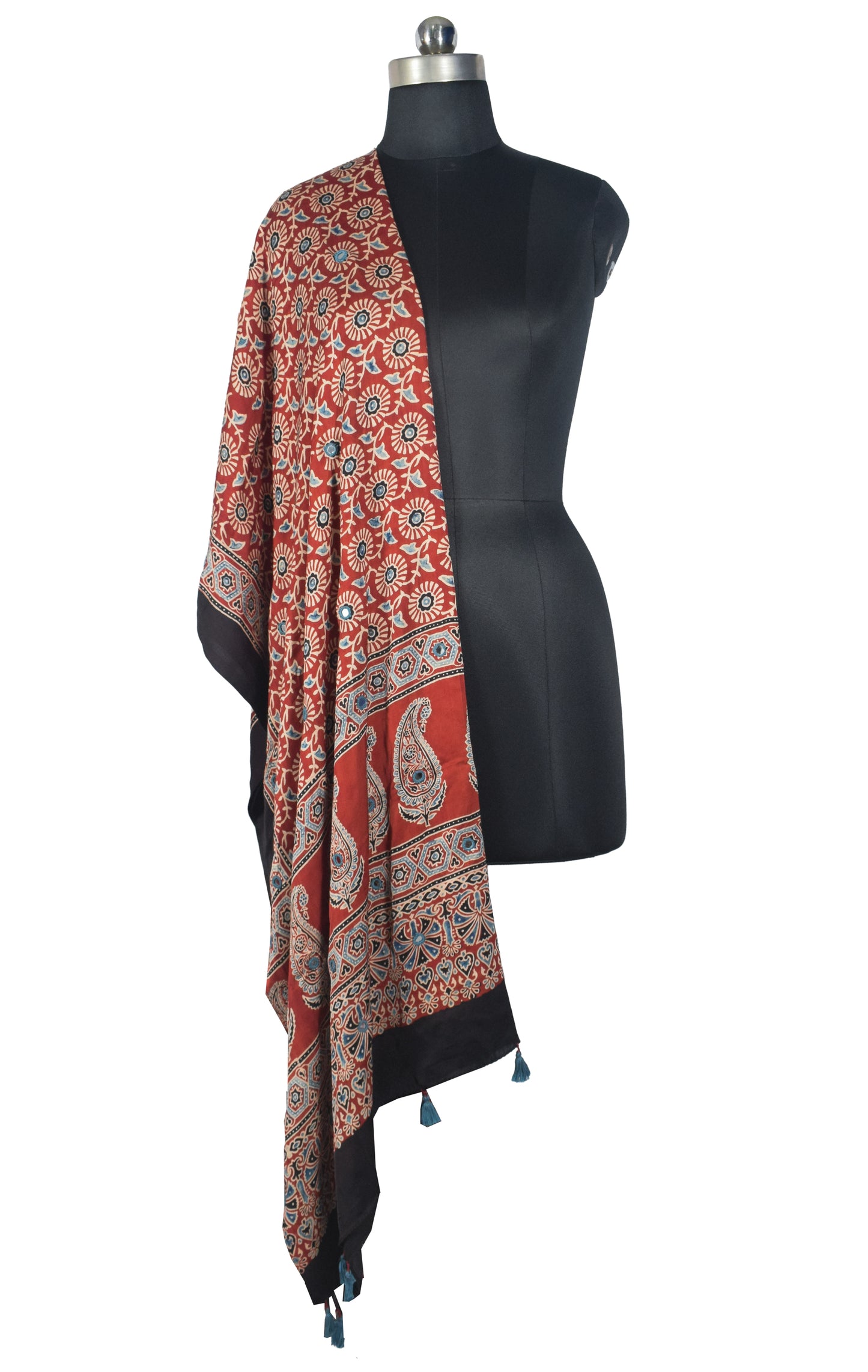 Ajrakh Modal Silk Natural Dye Mirrorwork Hand Block Print Dupatta with Tassels - 2.5 Mtr Length   -  SKU : ID17601C