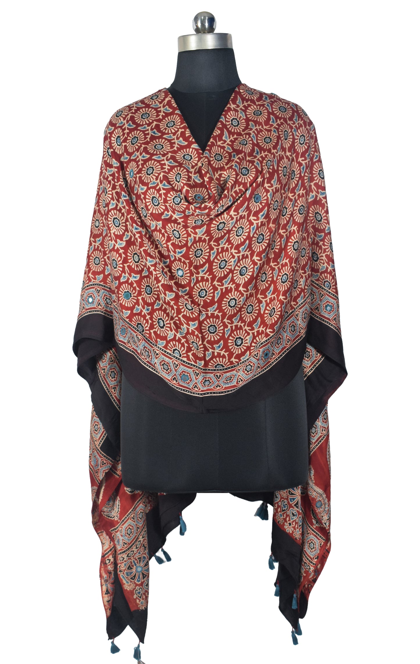 Ajrakh Modal Silk Natural Dye Mirrorwork Hand Block Print Dupatta with Tassels - 2.5 Mtr Length   -  SKU : ID17601C