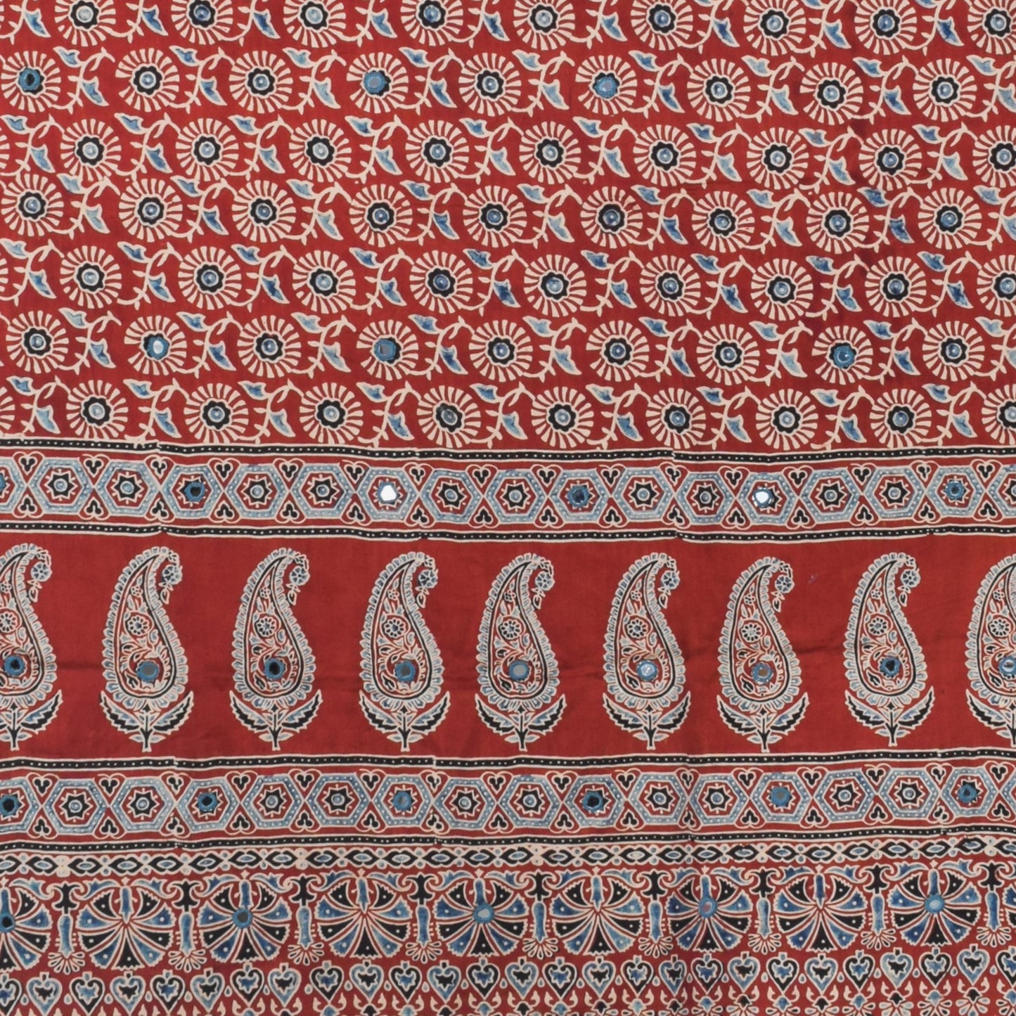 Ajrakh Modal Silk Natural Dye Mirrorwork Hand Block Print Dupatta with Tassels - 2.5 Mtr Length   -  SKU : ID17601C