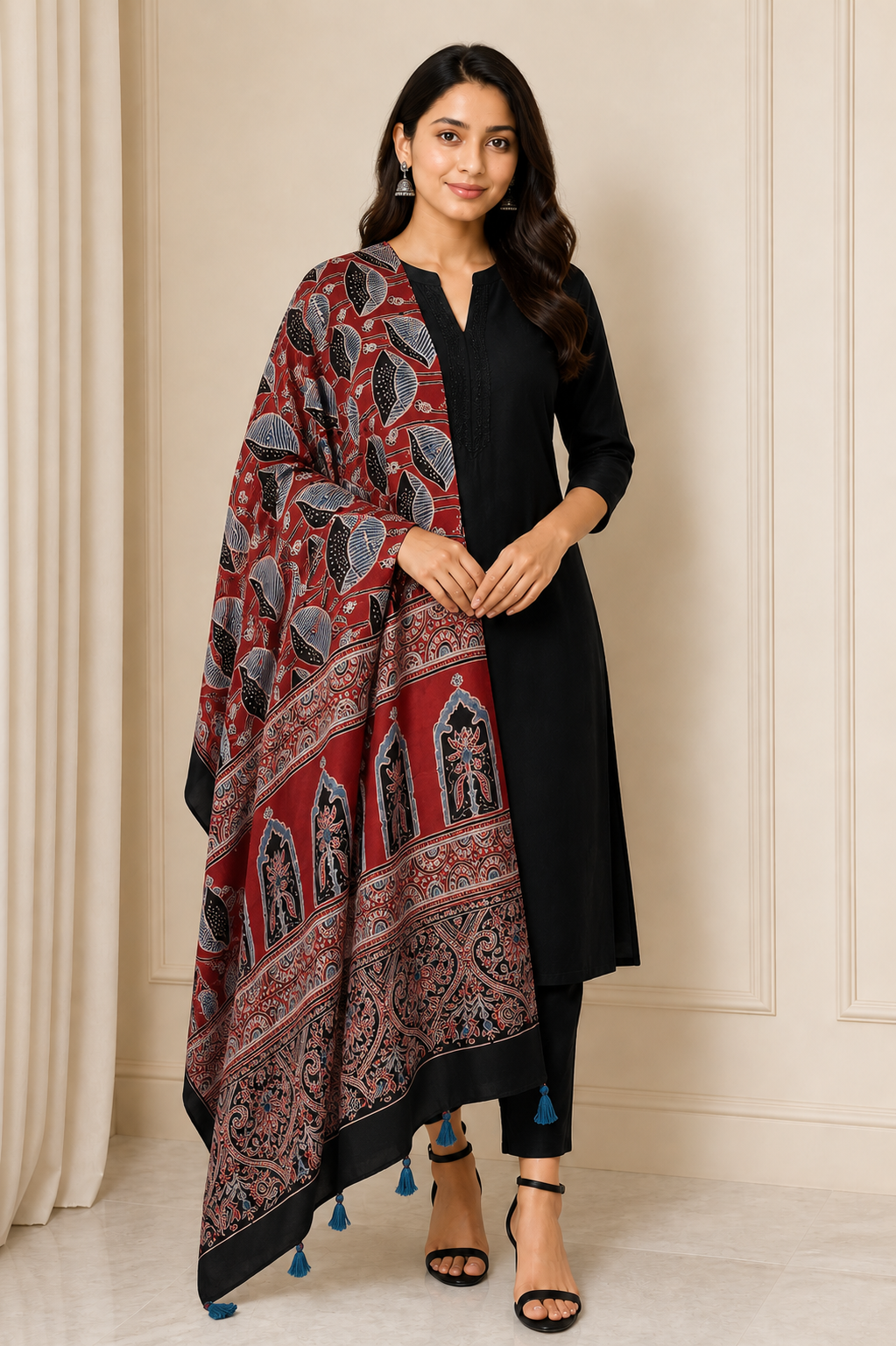Ajrakh Modal Silk Natural Dye Mirrorwork Hand Block Print Dupatta with Tassels - 2.5 Mtr Length   -  SKU : ID17601F