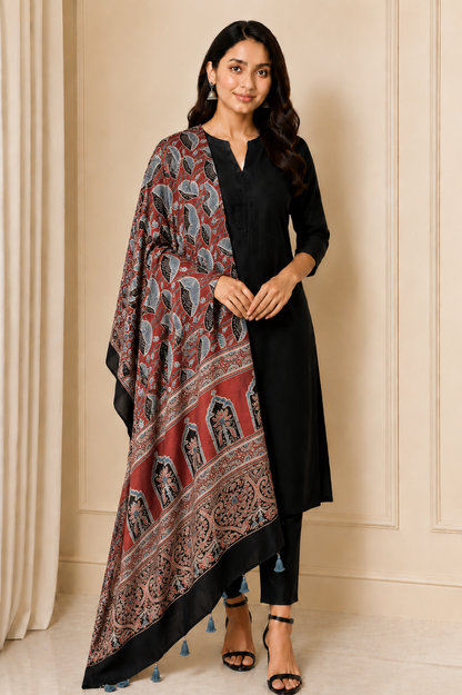 Ajrakh Modal Silk Natural Dye Mirrorwork Hand Block Print Dupatta with Tassels - 2.5 Mtr Length   -  SKU : ID17601F
