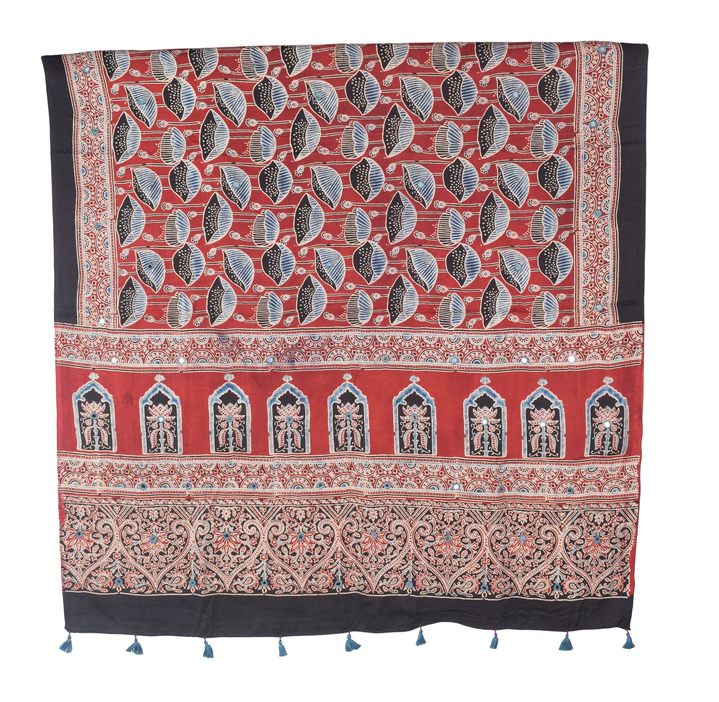 Ajrakh Modal Silk Natural Dye Mirrorwork Hand Block Print Dupatta with Tassels - 2.5 Mtr Length   -  SKU : ID17601F