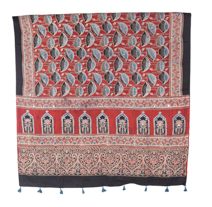 Ajrakh Modal Silk Natural Dye Mirrorwork Hand Block Print Dupatta with Tassels - 2.5 Mtr Length   -  SKU : ID17601F