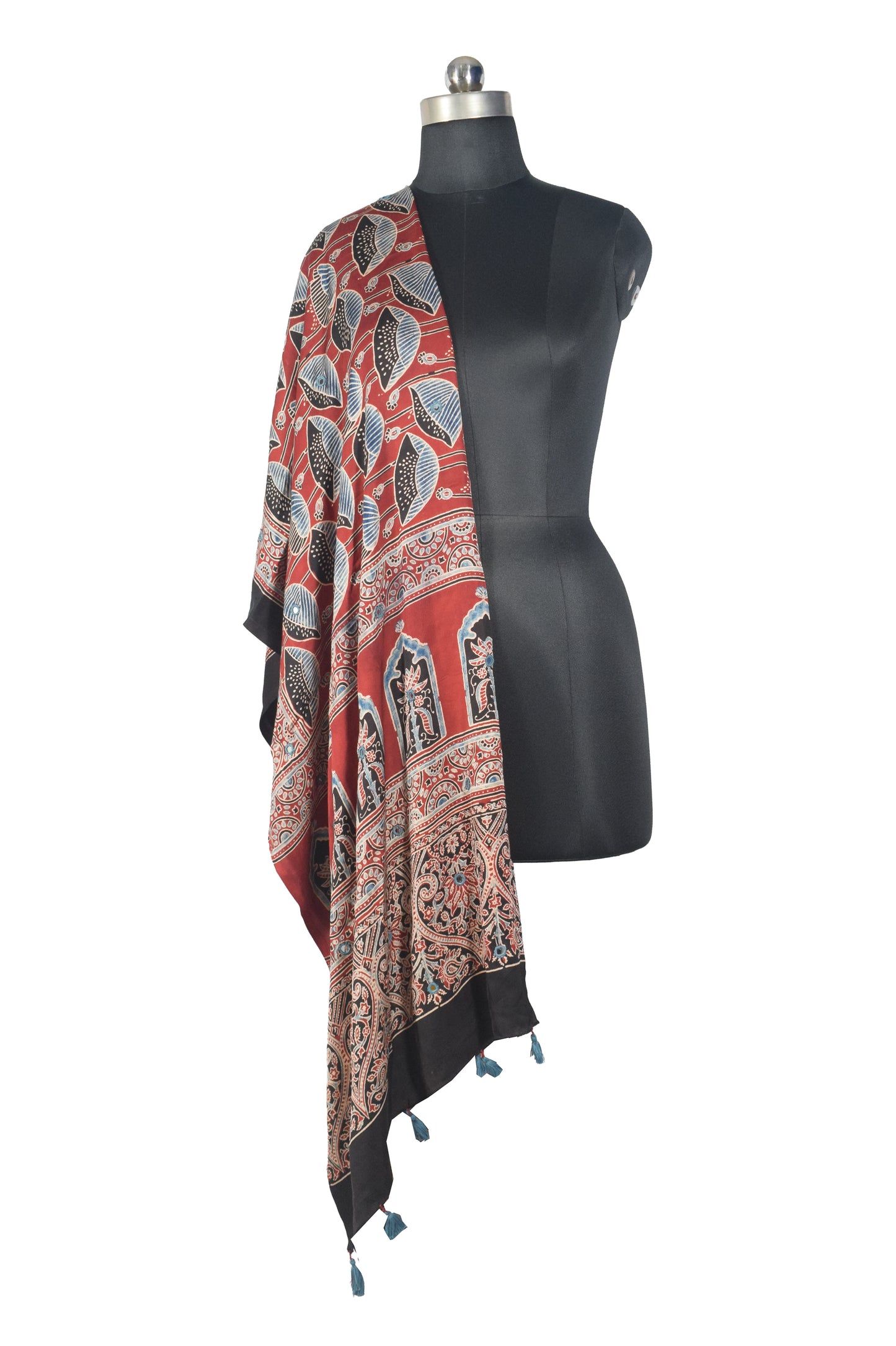 Ajrakh Modal Silk Natural Dye Mirrorwork Hand Block Print Dupatta with Tassels - 2.5 Mtr Length   -  SKU : ID17601F