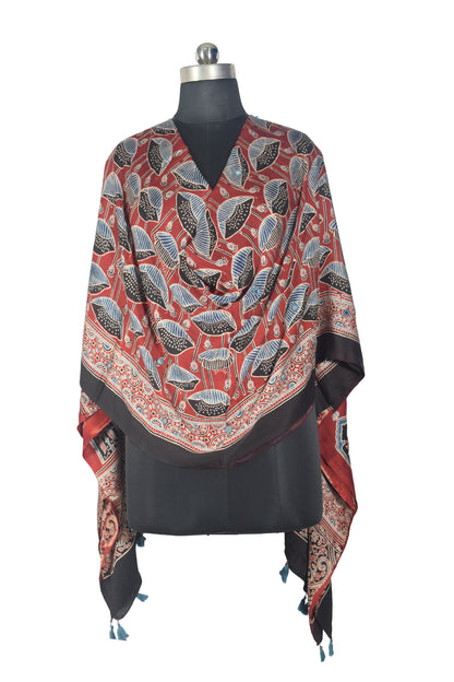Ajrakh Modal Silk Natural Dye Mirrorwork Hand Block Print Dupatta with Tassels - 2.5 Mtr Length   -  SKU : ID17601F