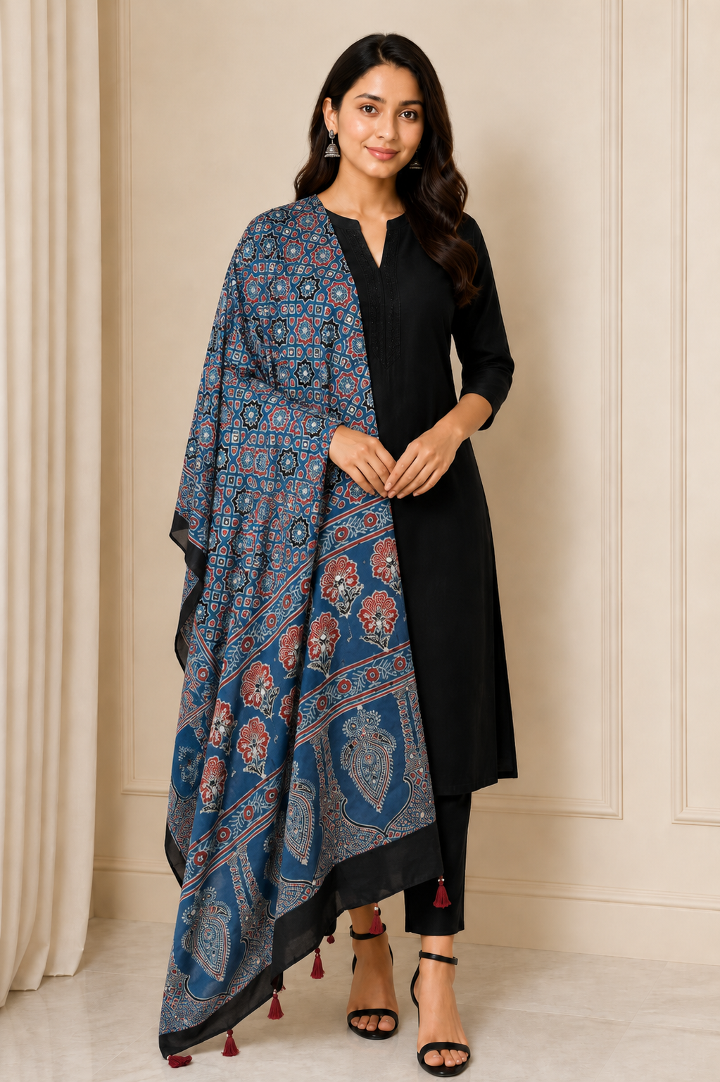 Ajrakh Modal Silk Natural Dye Small Mirror Work Hand Block Print Dupatta with Tassels - 2.5 Mtr Length   -  SKU : ID17602A