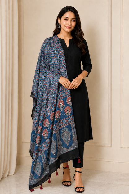 Ajrakh Modal Silk Natural Dye Small Mirror Work Hand Block Print Dupatta with Tassels - 2.5 Mtr Length   -  SKU : ID17602A