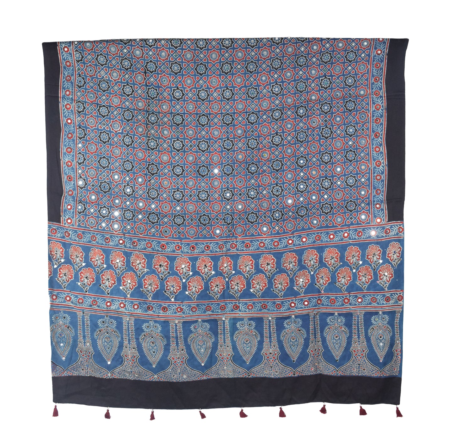 Ajrakh Modal Silk Natural Dye Small Mirror Work Hand Block Print Dupatta with Tassels - 2.5 Mtr Length   -  SKU : ID17602A