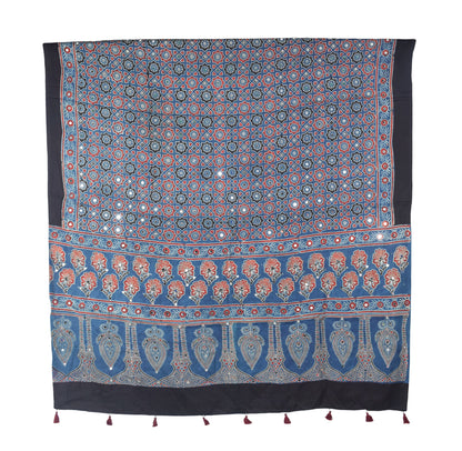 Ajrakh Modal Silk Natural Dye Small Mirror Work Hand Block Print Dupatta with Tassels - 2.5 Mtr Length   -  SKU : ID17602A