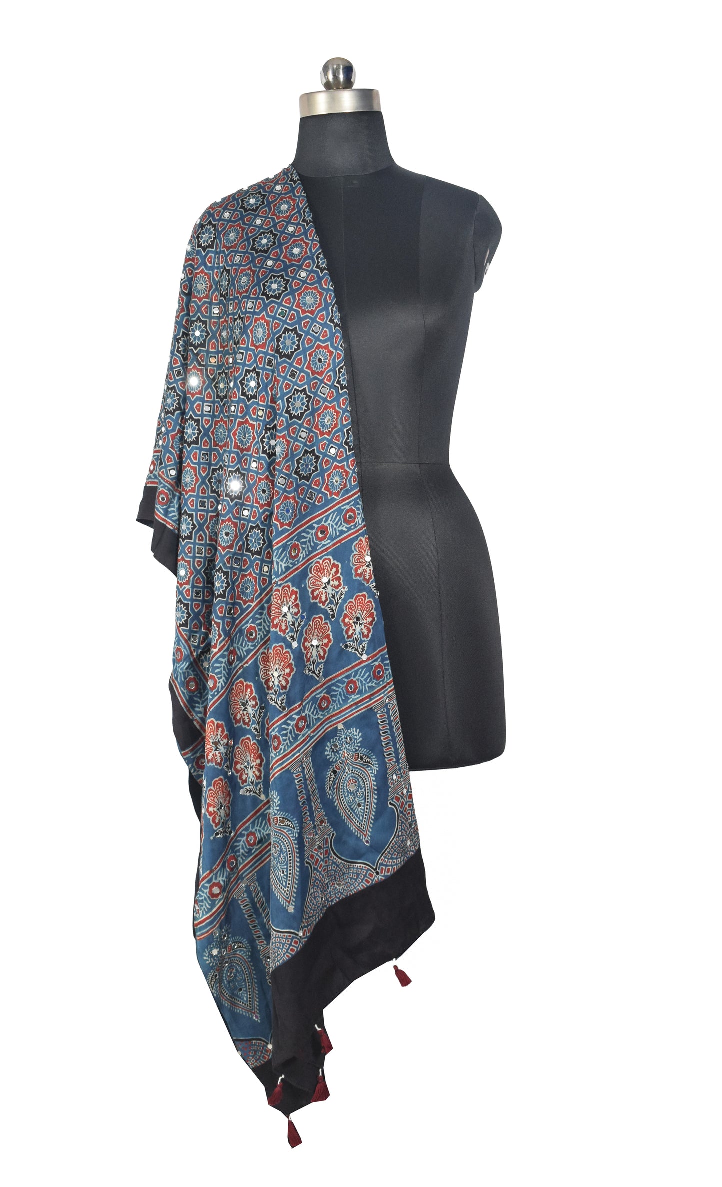 Ajrakh Modal Silk Natural Dye Small Mirror Work Hand Block Print Dupatta with Tassels - 2.5 Mtr Length   -  SKU : ID17602A