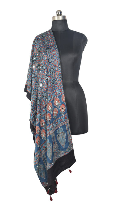 Ajrakh Modal Silk Natural Dye Small Mirror Work Hand Block Print Dupatta with Tassels - 2.5 Mtr Length   -  SKU : ID17602A