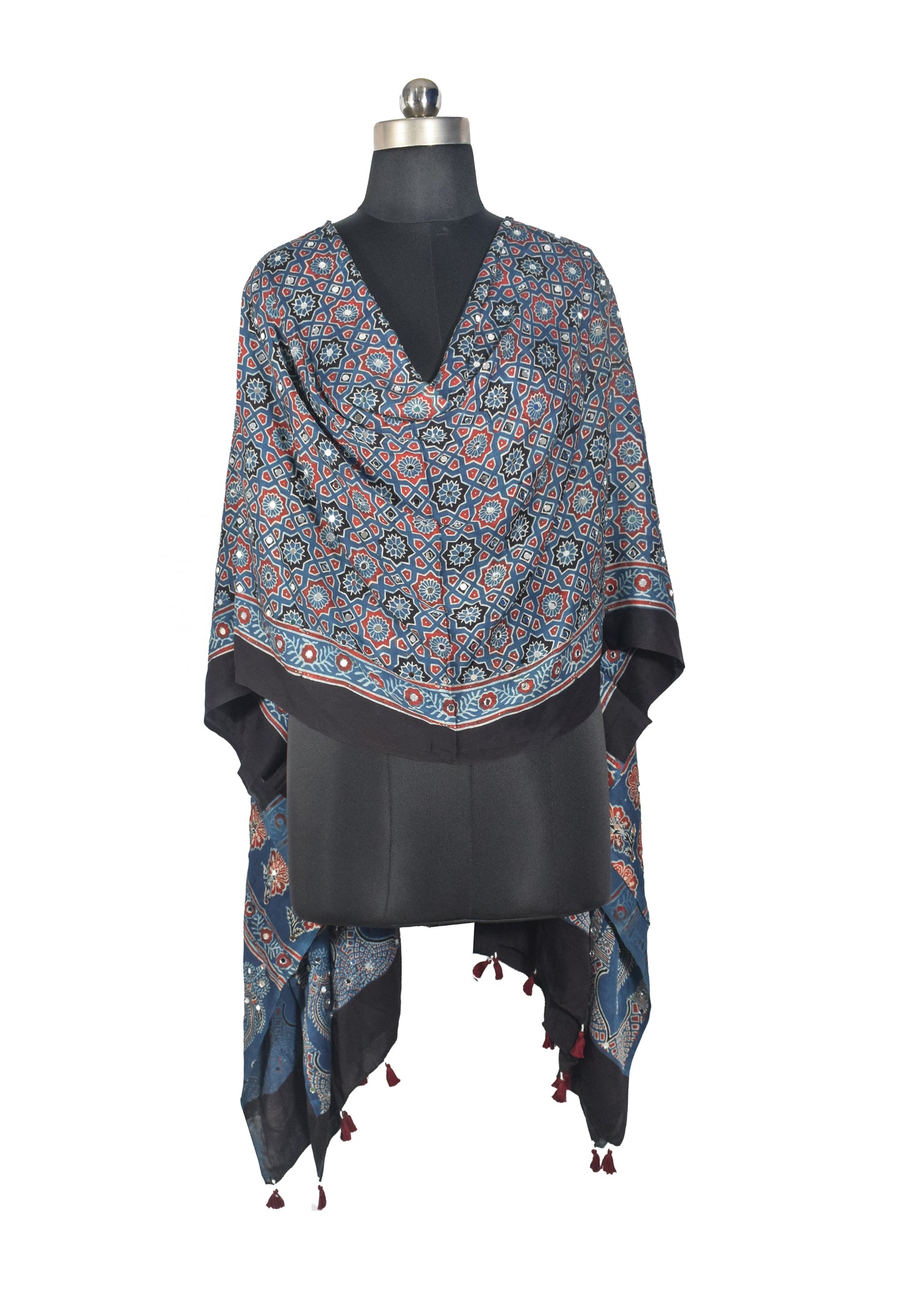 Ajrakh Modal Silk Natural Dye Small Mirror Work Hand Block Print Dupatta with Tassels - 2.5 Mtr Length   -  SKU : ID17602A