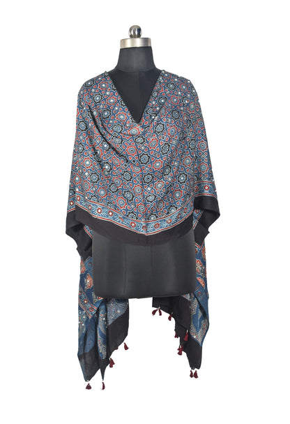 Ajrakh Modal Silk Natural Dye Small Mirror Work Hand Block Print Dupatta with Tassels - 2.5 Mtr Length   -  SKU : ID17602A