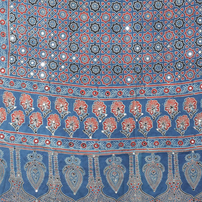 Ajrakh Modal Silk Natural Dye Small Mirror Work Hand Block Print Dupatta with Tassels - 2.5 Mtr Length   -  SKU : ID17602A