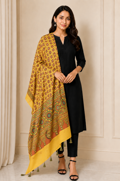 Ajrakh Modal Silk Natural Dye Small Mirror Work Hand Block Print Dupatta with Tassels - 2.5 Mtr Length   -  SKU : ID17602B
