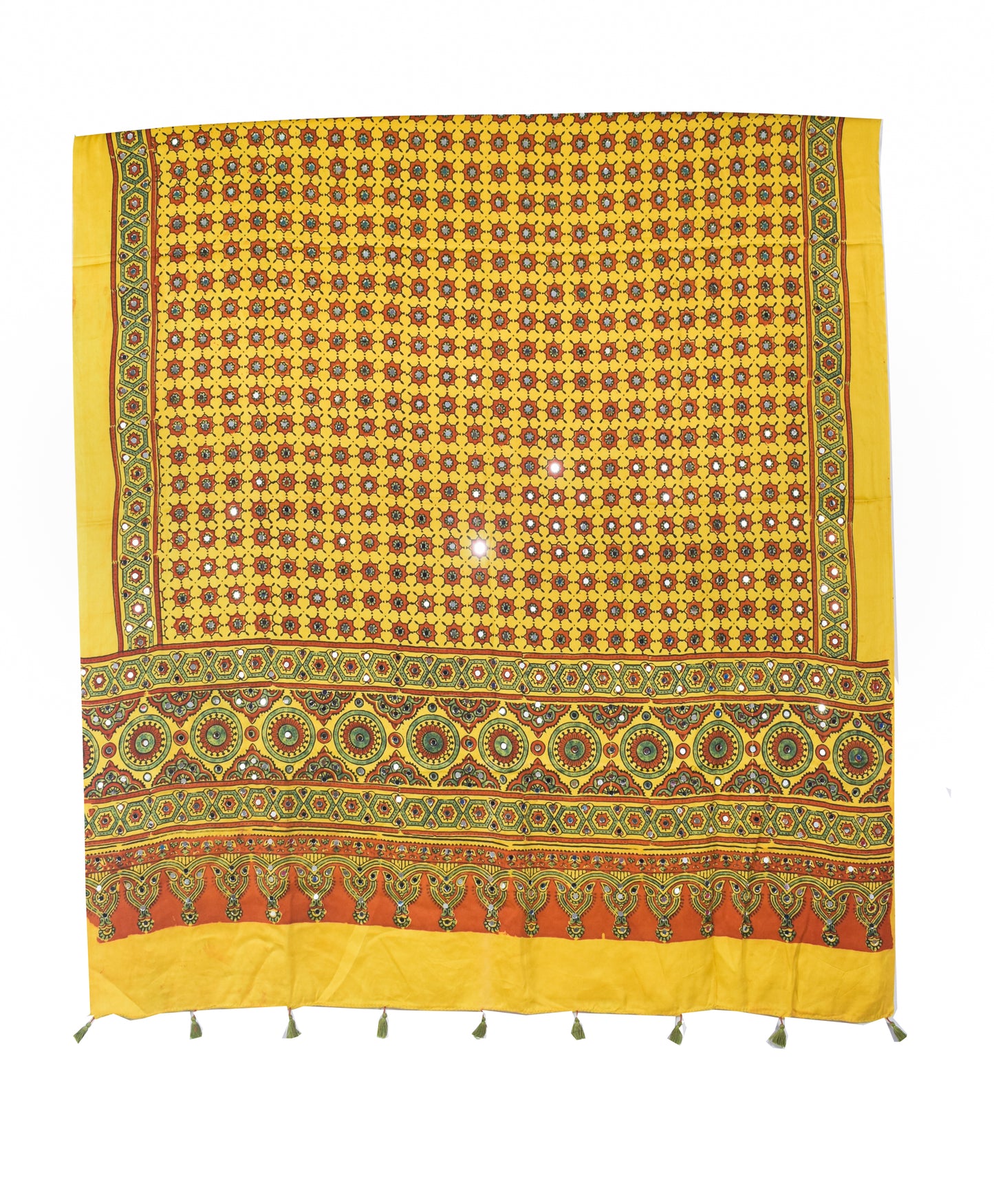 Ajrakh Modal Silk Natural Dye Small Mirror Work Hand Block Print Dupatta with Tassels - 2.5 Mtr Length   -  SKU : ID17602B