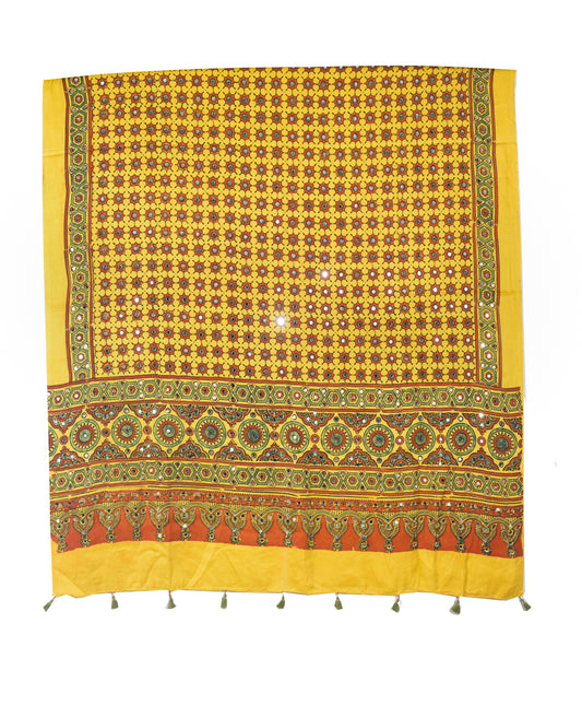 Ajrakh Modal Silk Natural Dye Small Mirror Work Hand Block Print Dupatta with Tassels - 2.5 Mtr Length   -  SKU : ID17602B