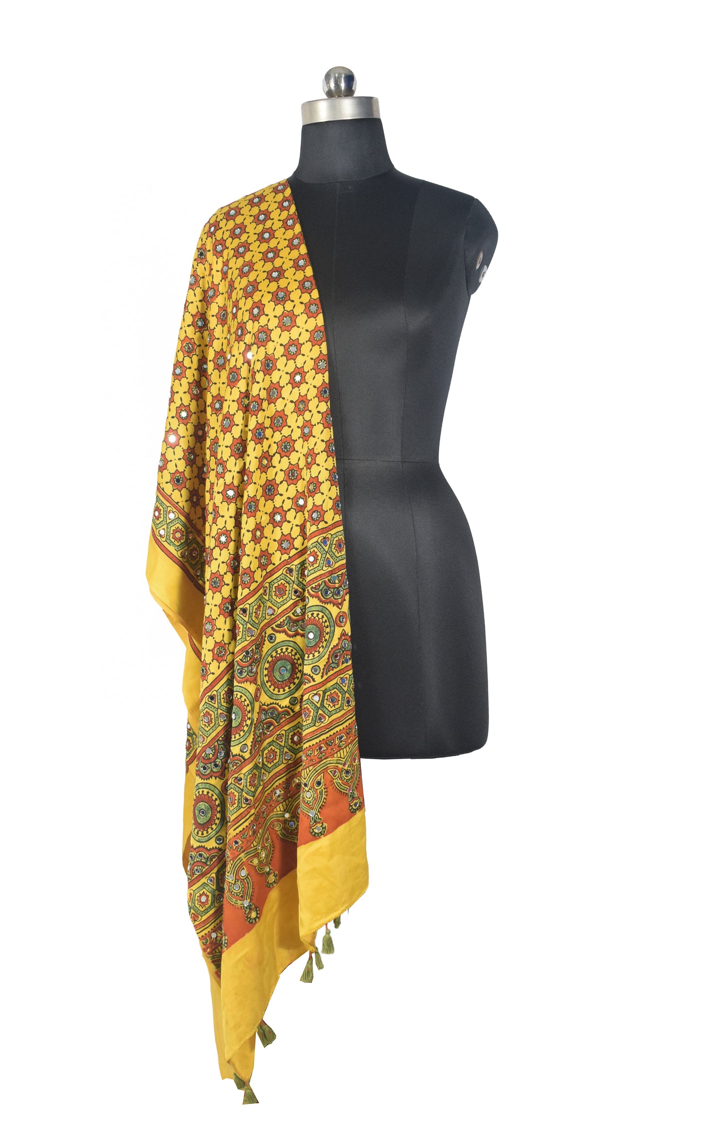 Ajrakh Modal Silk Natural Dye Small Mirror Work Hand Block Print Dupatta with Tassels - 2.5 Mtr Length   -  SKU : ID17602B