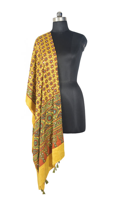 Ajrakh Modal Silk Natural Dye Small Mirror Work Hand Block Print Dupatta with Tassels - 2.5 Mtr Length   -  SKU : ID17602B