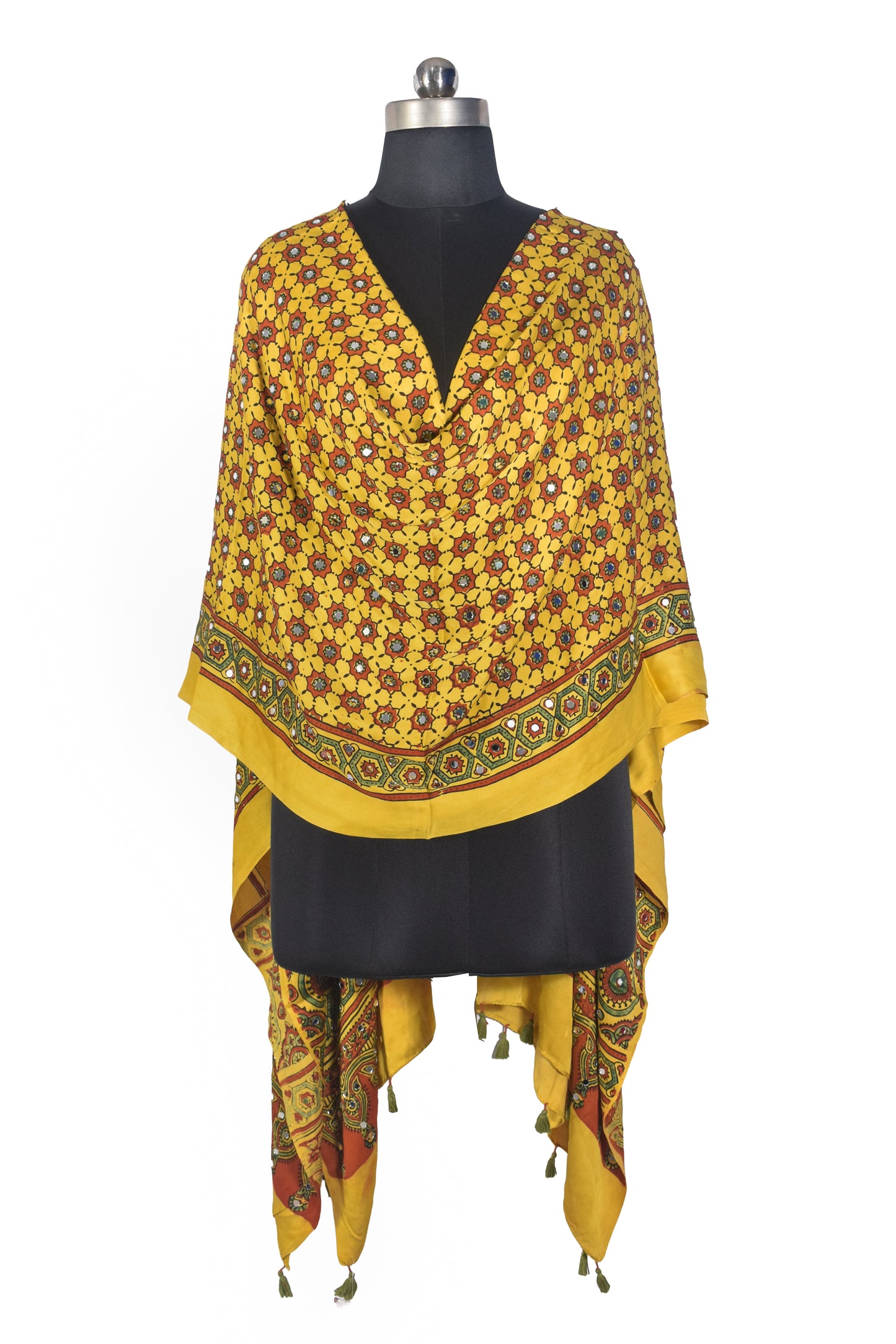 Ajrakh Modal Silk Natural Dye Small Mirror Work Hand Block Print Dupatta with Tassels - 2.5 Mtr Length   -  SKU : ID17602B