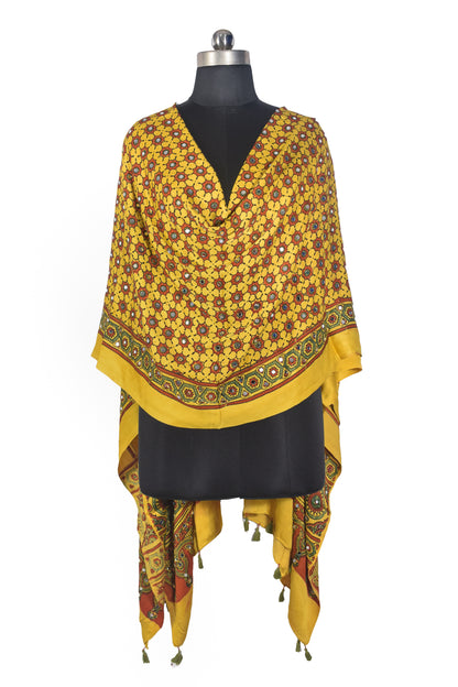 Ajrakh Modal Silk Natural Dye Small Mirror Work Hand Block Print Dupatta with Tassels - 2.5 Mtr Length   -  SKU : ID17602B