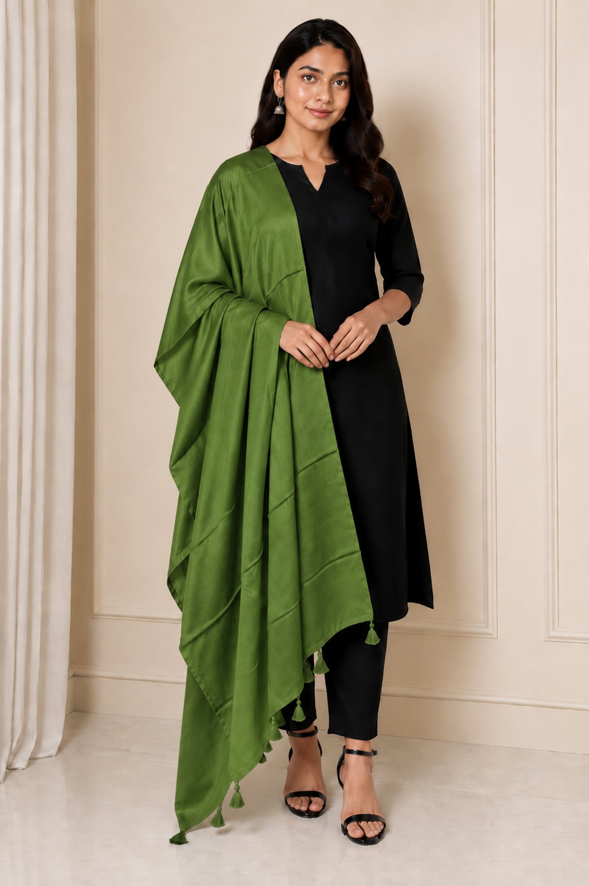 Plain Dyeing Modal Silk Dupatta with Tassels - 2.5 Mtr Length   -  SKU : 0106-LGLG