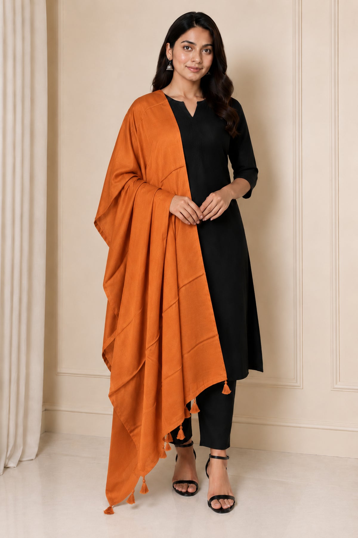 Plain Dyeing Modal Silk Dupatta with Tassels - 2.5 Mtr Length   -  SKU : 0106-RURU