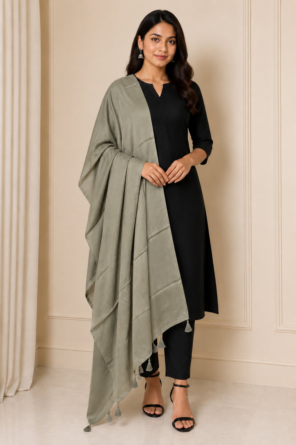 Plain Dyeing Modal Silk Dupatta with Tassels - 2.5 Mtr Length   -  SKU : 0106-SGSG