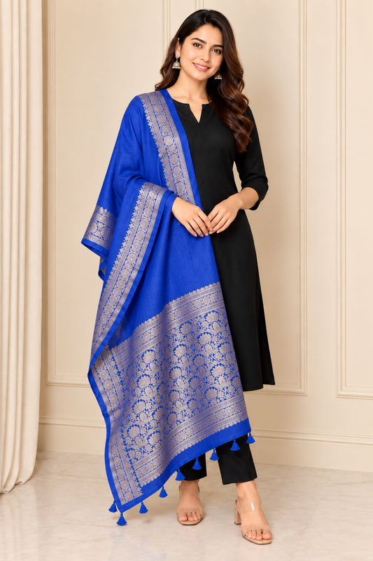 Plain Dyeing Dola Silk Dupatta With Full Nakshi Border & Tassels - 2.5 Mtr Length   -  SKU : AI15901L