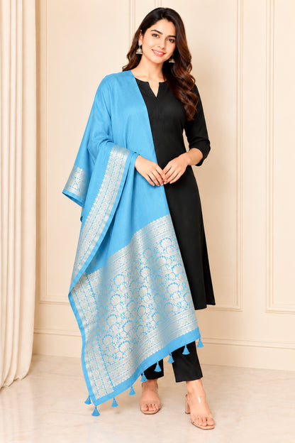 Plain Dyeing Dola Silk Dupatta With Full Nakshi Border & Tassels - 2.5 Mtr Length   -  SKU : ID11901E