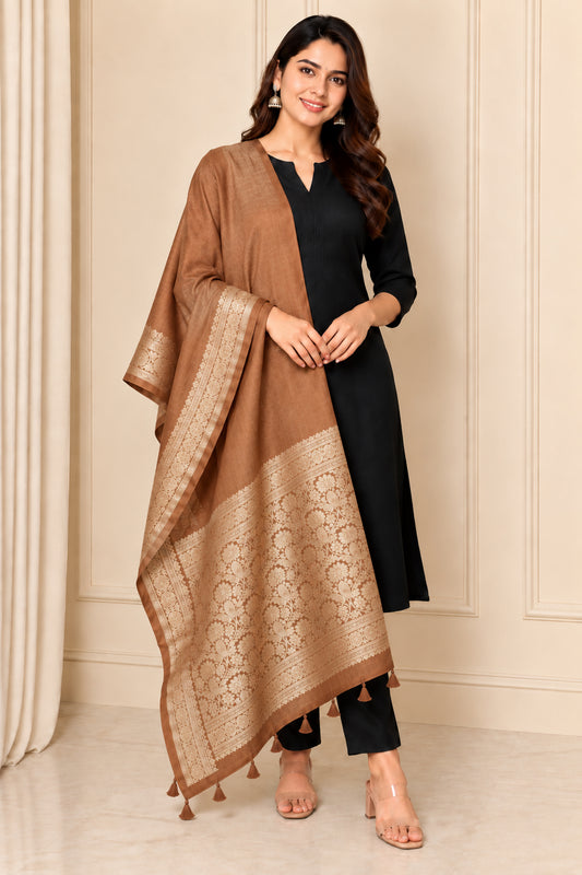 Plain Dyeing Dola Silk Dupatta With Full Nakshi Border & Tassels - 2.5 Mtr Length   -  SKU : AI15901S
