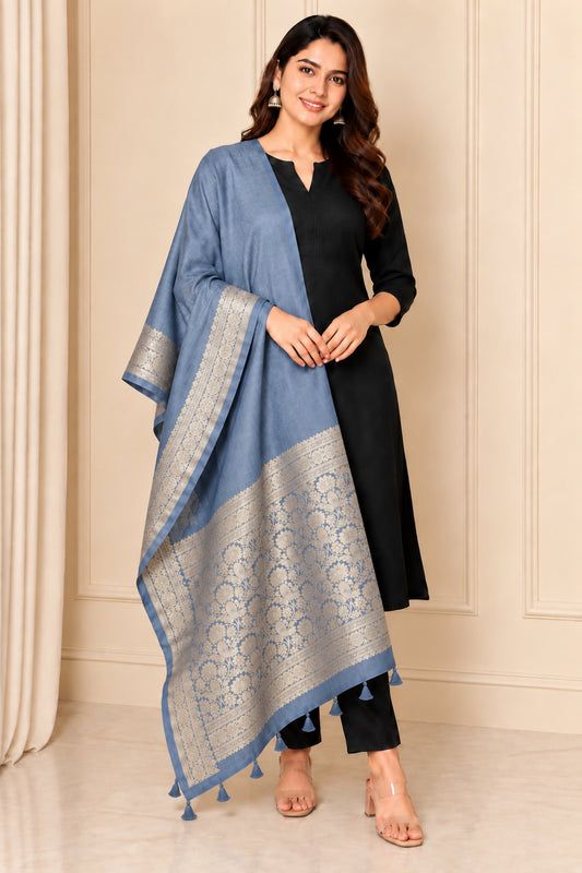 Plain Dyeing Dola Silk Dupatta With Full Nakshi Border & Tassels - 2.5 Mtr Length   -  SKU : AI15901R