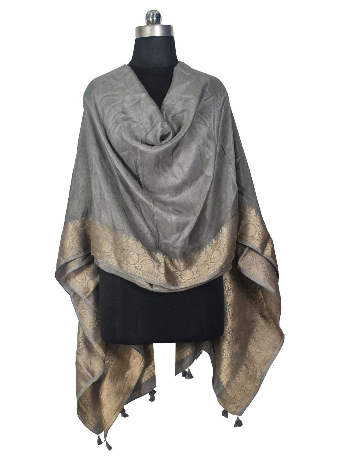 Plain Dyeing Dola Silk Dupatta With Full Nakshi Border & Tassels - 2.5 Mtr Length   -  SKU : AI15901Q