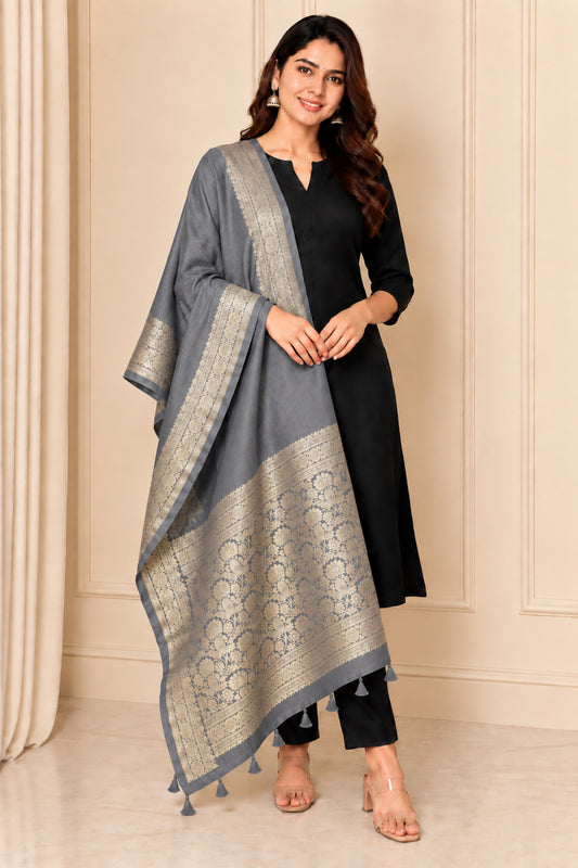 Plain Dyeing Dola Silk Dupatta With Full Nakshi Border & Tassels - 2.5 Mtr Length   -  SKU : AI15901Q