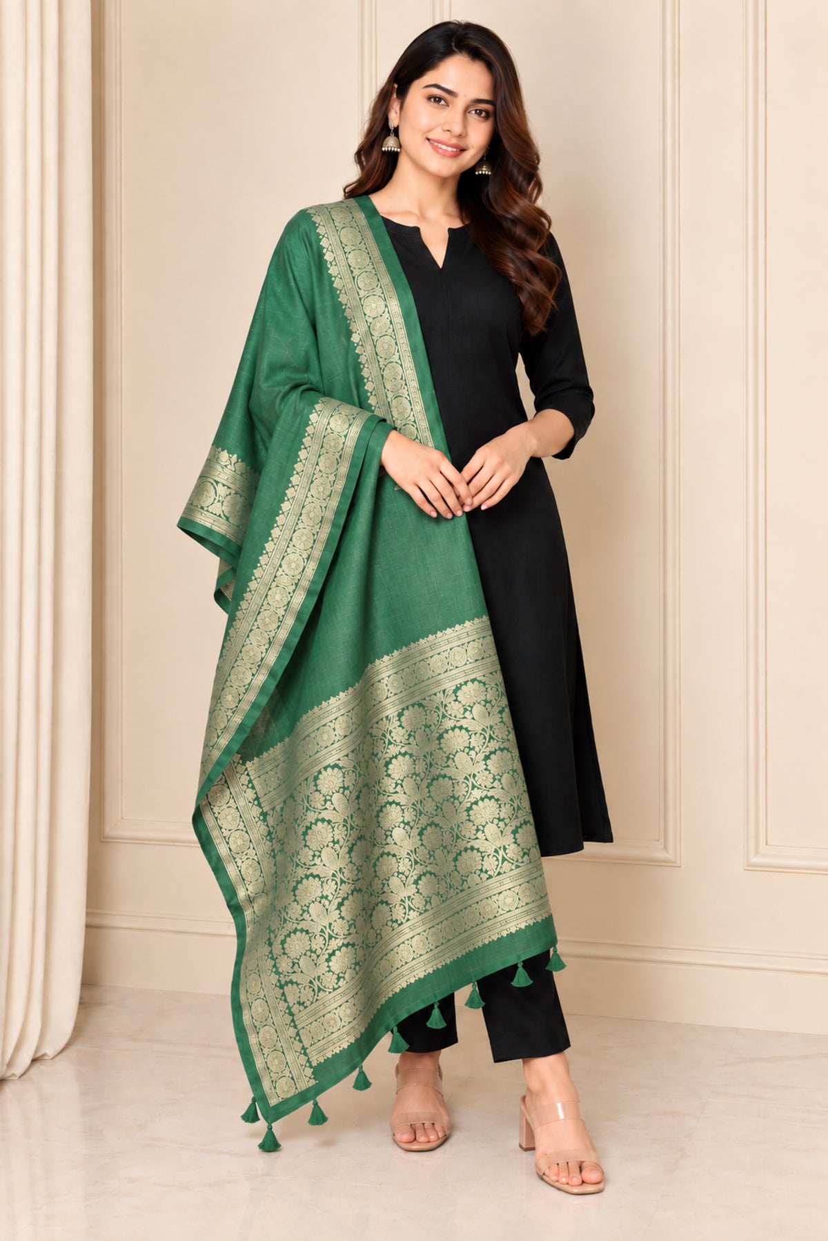 Plain Dyeing Dola Silk Dupatta With Full Nakshi Border & Tassels - 2.5 Mtr Length   -  SKU : AI15901N
