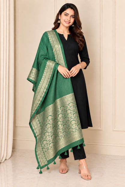 Plain Dyeing Dola Silk Dupatta With Full Nakshi Border & Tassels - 2.5 Mtr Length   -  SKU : AI15901N