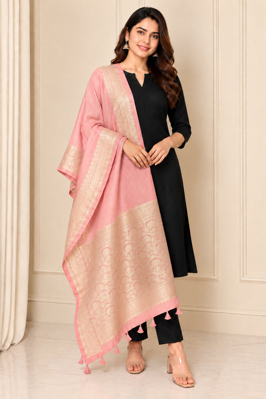 Plain Dyeing Dola Silk Dupatta With Full Nakshi Border & Tassels - 2.5 Mtr Length   -  SKU : AI15901M