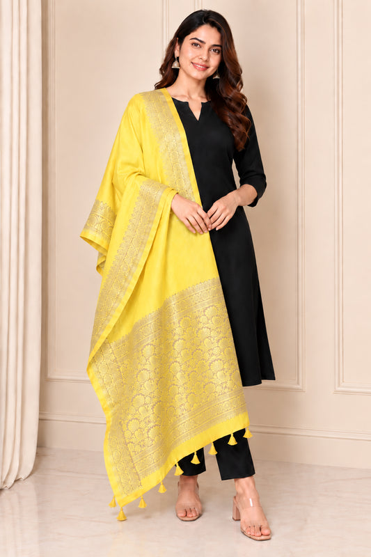 Plain Dyeing Dola Silk Dupatta With Full Nakshi Border & Tassels - 2.5 Mtr Length   -  SKU : AI15901P