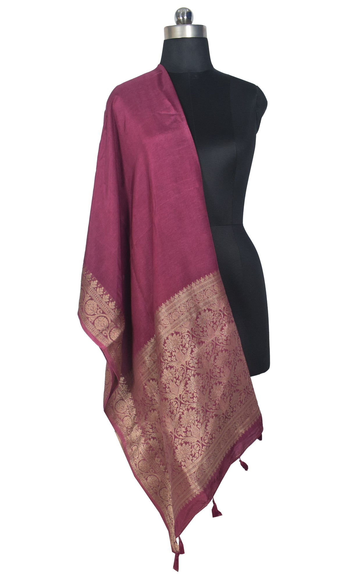 Plain Dyeing Dola Silk Dupatta With Full Nakshi Border & Tassels - 2.5 Mtr Length   -  SKU : ID11901D