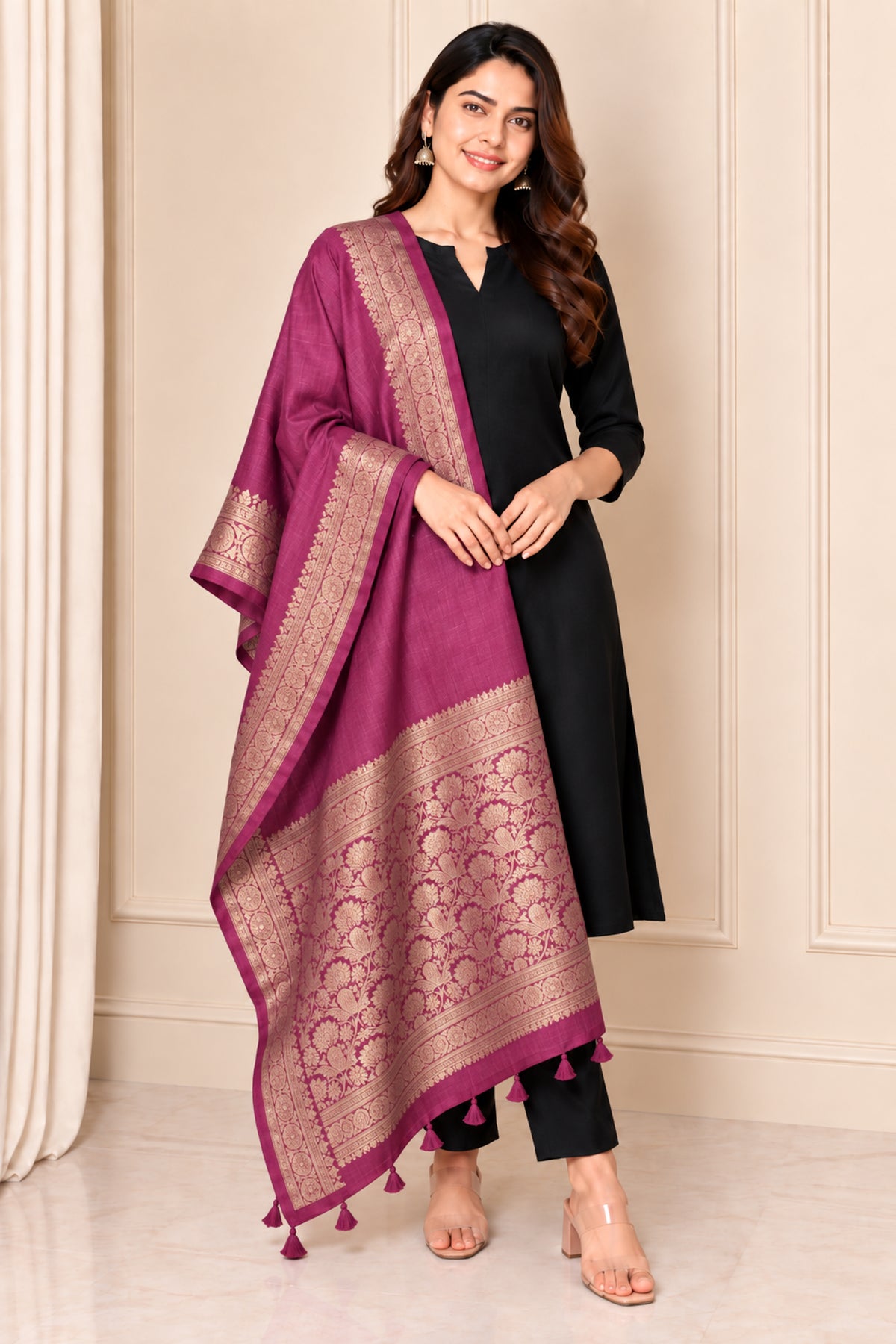 Plain Dyeing Dola Silk Dupatta With Full Nakshi Border & Tassels - 2.5 Mtr Length   -  SKU : ID11901D