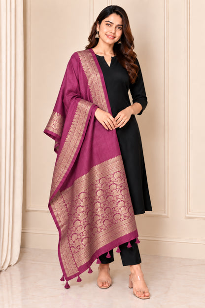 Plain Dyeing Dola Silk Dupatta With Full Nakshi Border & Tassels - 2.5 Mtr Length   -  SKU : ID11901D