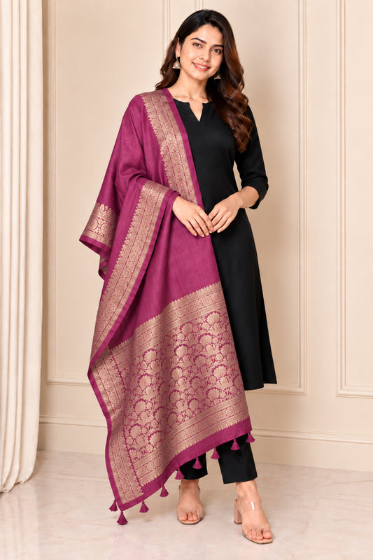 Plain Dyeing Dola Silk Dupatta With Full Nakshi Border & Tassels - 2.5 Mtr Length   -  SKU : ID11901D