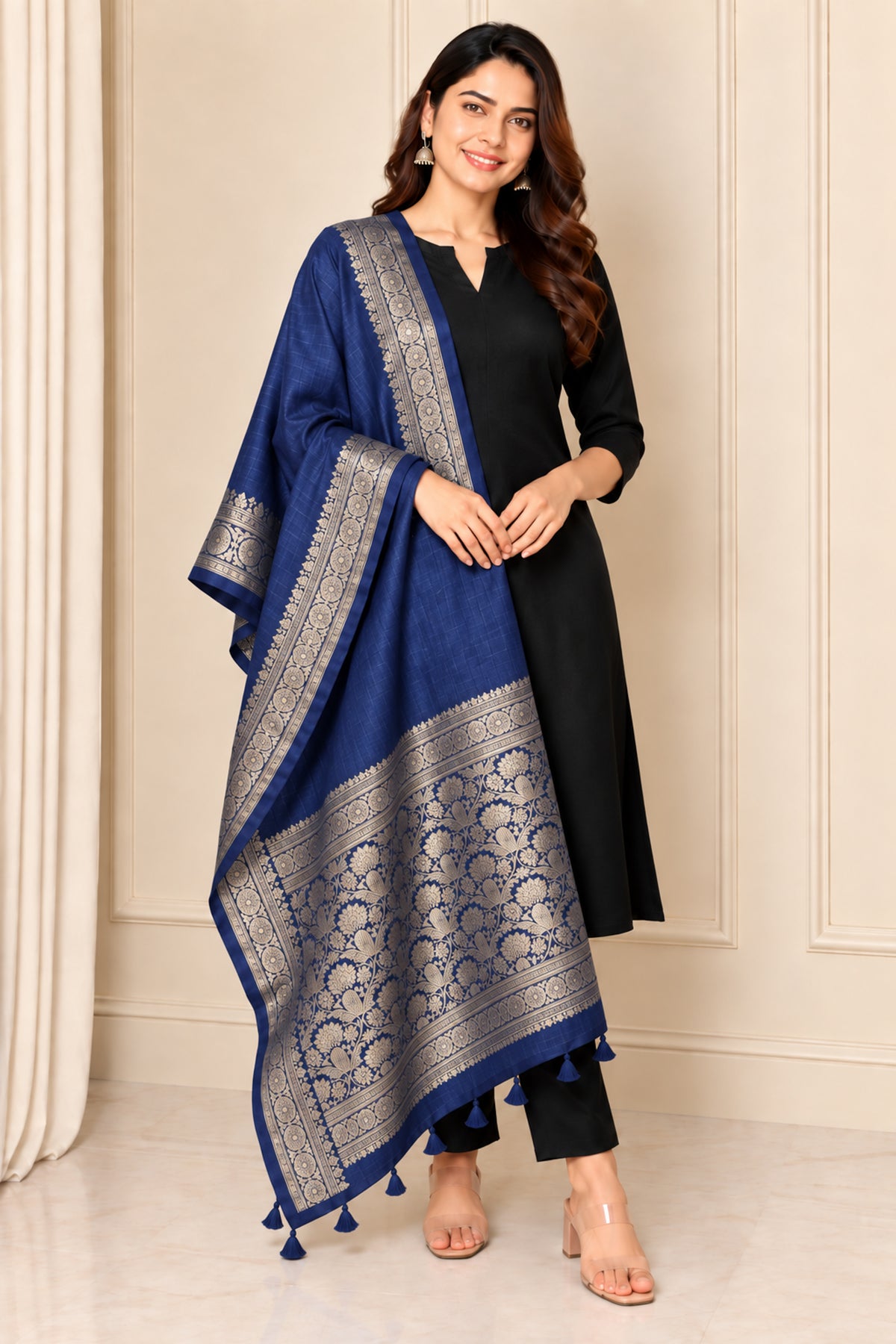 Plain Dyeing Dola Silk Dupatta With Full Nakshi Border & Tassels - 2.5 Mtr Length   -  SKU : AI15901K