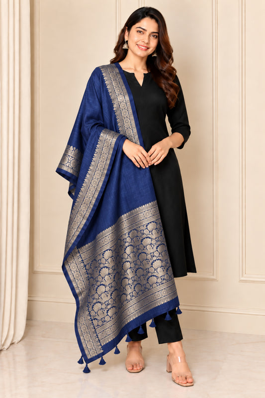 Plain Dyeing Dola Silk Dupatta With Full Nakshi Border & Tassels - 2.5 Mtr Length   -  SKU : AI15901K