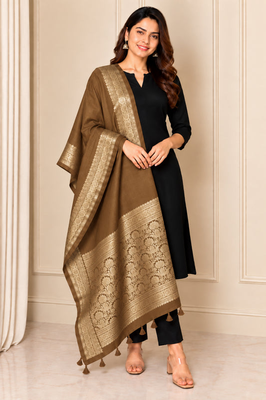 Plain Dyeing Dola Silk Dupatta With Full Nakshi Border & Tassels - 2.5 Mtr Length   -  SKU : ID11901B