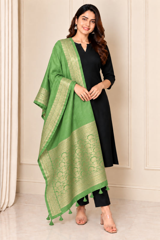 Plain Dyeing Dola Silk Dupatta With Full Nakshi Border & Tassels - 2.5 Mtr Length   -  SKU : AI15901I